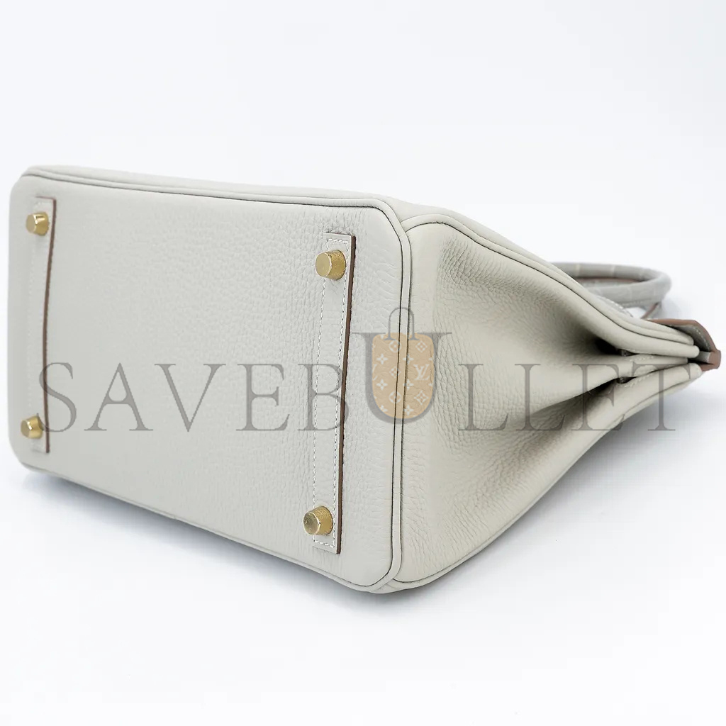 HERMÈS MASTER BIRKIN 25 CROCODILE AND TOGO LEATHER PEARL GREY GOLD BUCKLE H076216CK15 (25*20*13cm)